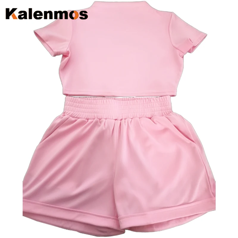 

KALENMOS Summer Tracksuit Two Piece Set Women Short Sleeve Sexy Solid Skinny Crop Top Elastic Shorts Outfits Sets Jogging Suits