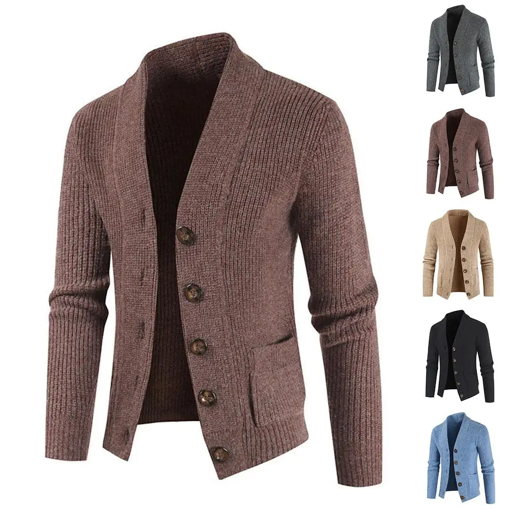 

Men Autumn Winter Sweater Solid Color Button Up Coat Casual Warm Cardigan