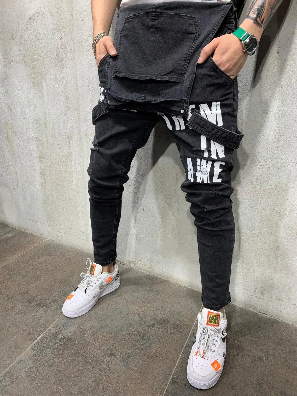 

Mens Ripped Jeans Jumpsuits Streetwear Distressed Bib Overalls for Men Fashion Letter Biker Pants Black Straight Trousers 3XL