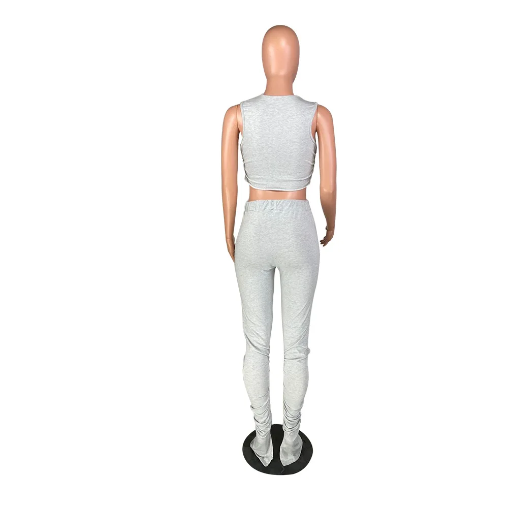 

Casual Sportswear Two Piece Sweatsuit Women's Clothing Sleeveless Tank Crop Top and Hollow Out Hole Stacked Pant Legging Outfits