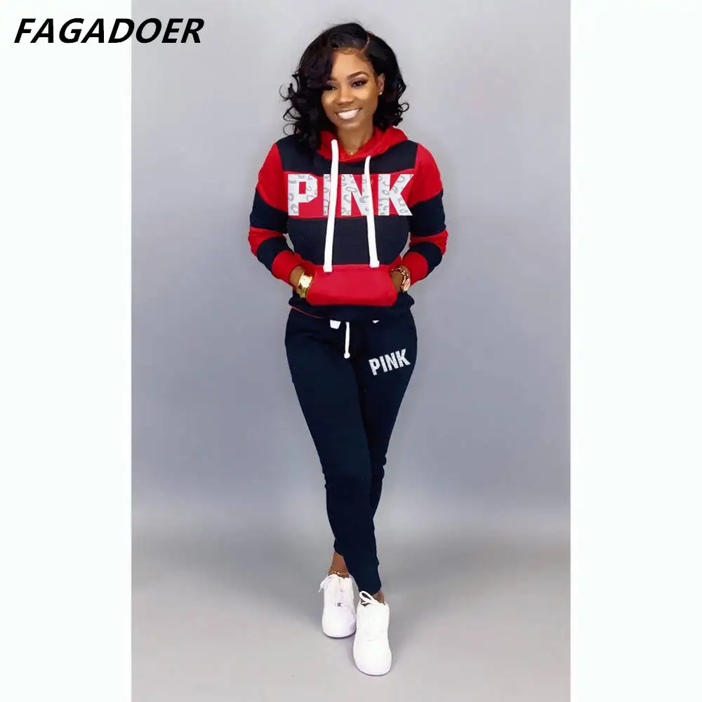 

Комплект из двух предметов FAGADOER в полоску, женские розовые толстовки с буквенным принтом и штаны, женский спортивный костюм, свитшот с капюш...
