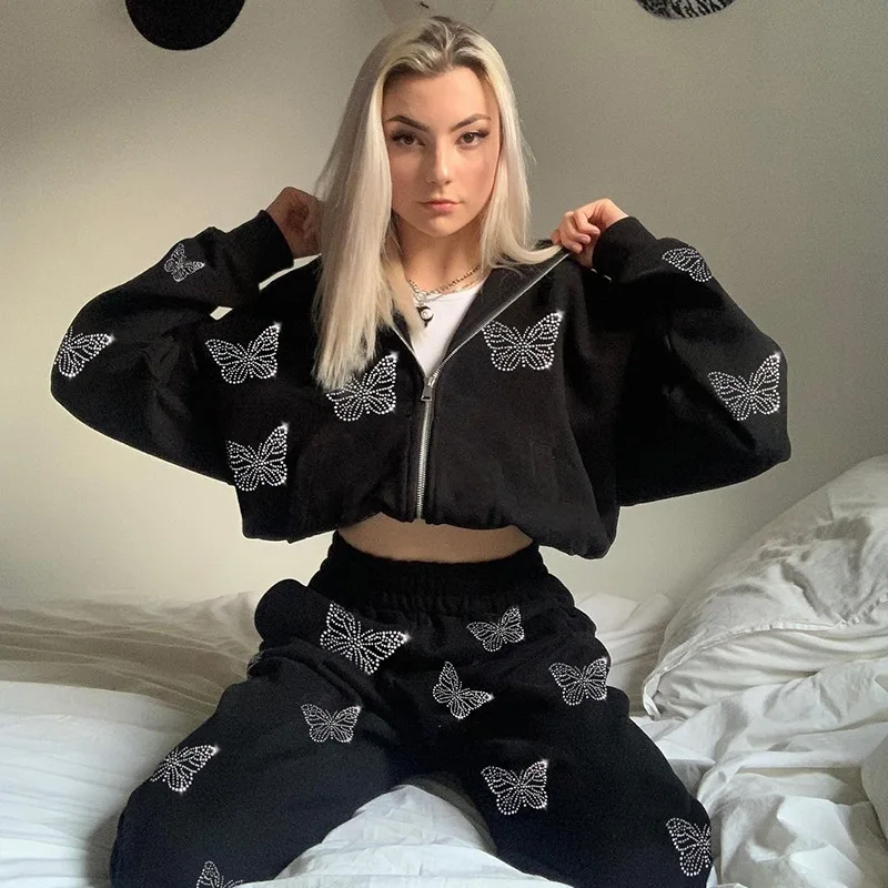 

Black Butterfly Diamonds Hoodies Sweatshirt Women 2021 Autumn Long Sleeve Loose Streetwear Casual White Zipper Cardigan Clothes