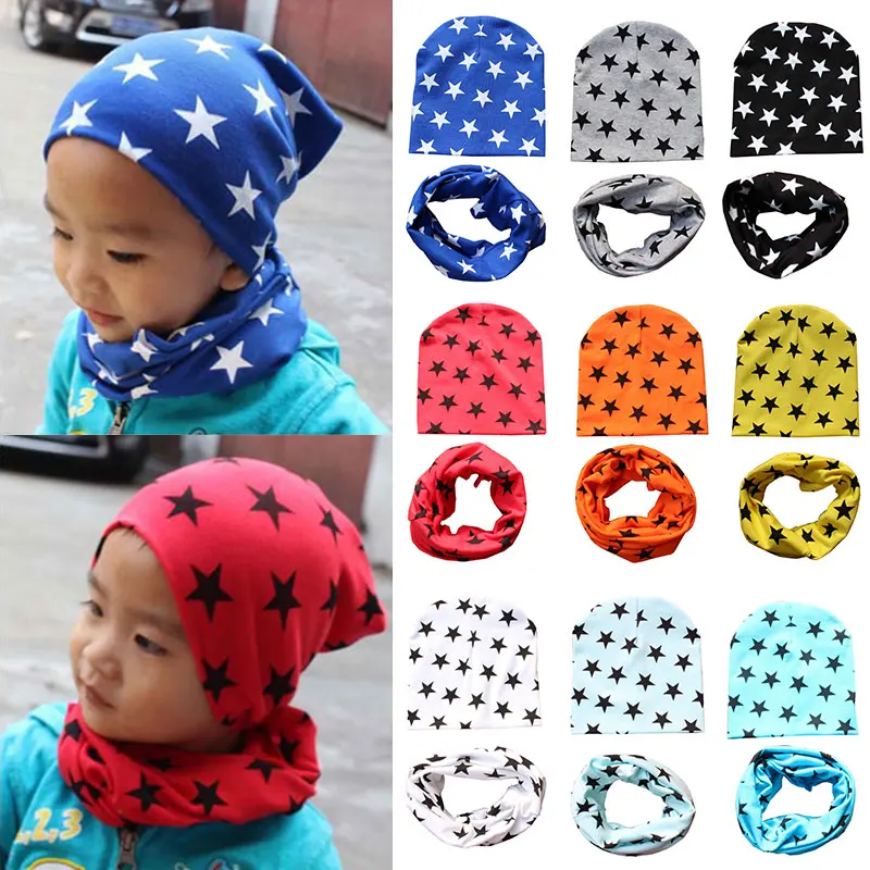 

2Pcs Hat Scarf Set Crochet Beanie Collar Autumn Winter Star Printed Cap Toddler Kid Children Hats Scarves Boy Baby Hat Girl Warm