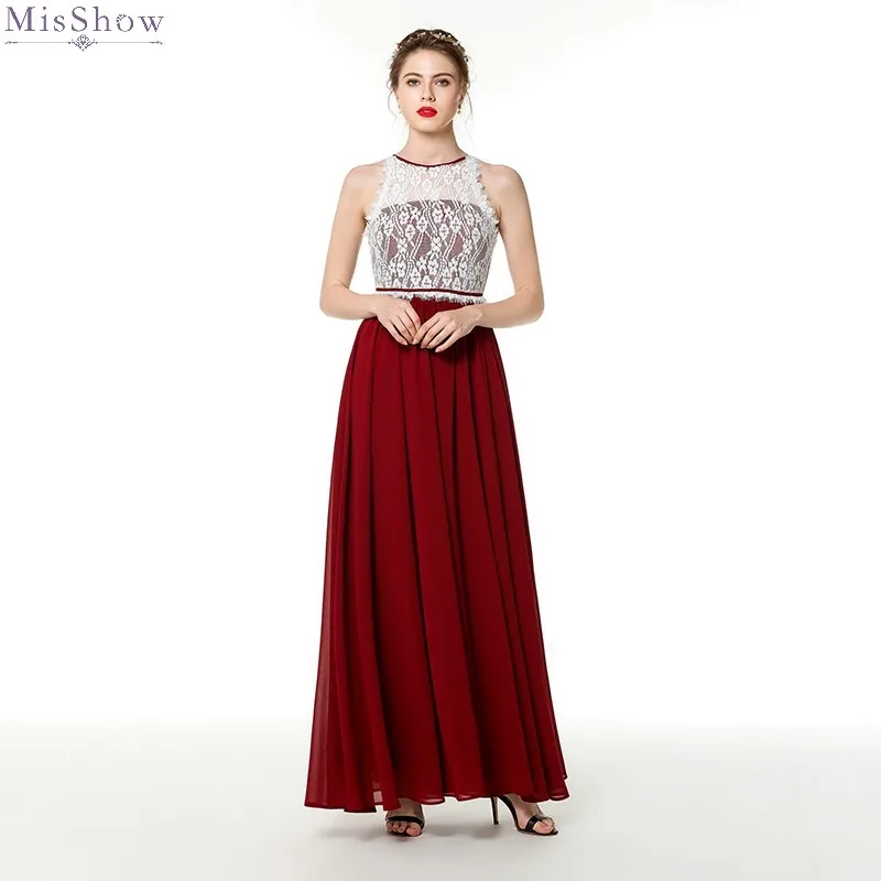 

Misshow 1483 Evening Dress Burgundy Chiffon Lace Long Evening Gown Elegant A line Scoop Neck Sleeveless robe de soiree