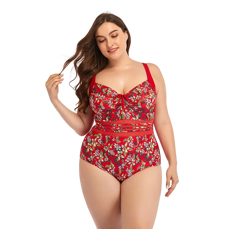 

Sexy Female Plus Large Size One-Piece Red Floral Print Bandage Women Swimwear Big Size Bathing Suit Monokini Bather Bodysuit New