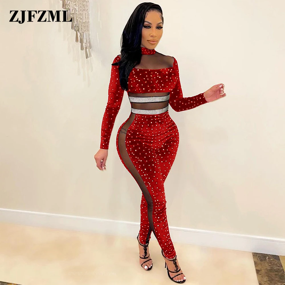 

Sheer Mesh Velvet Rhinestones Skinny Jumpsuit Sexy Lapel Neck Full Sleeve One Piece Overalls Midnight Transparent Party Catsuits
