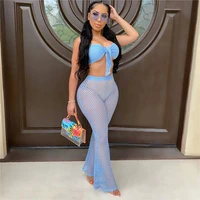 chronstyle sexy women 2 piece suit fishnet hollow out bra crop top wige leg pants summer see through beachwear outfits cover ups