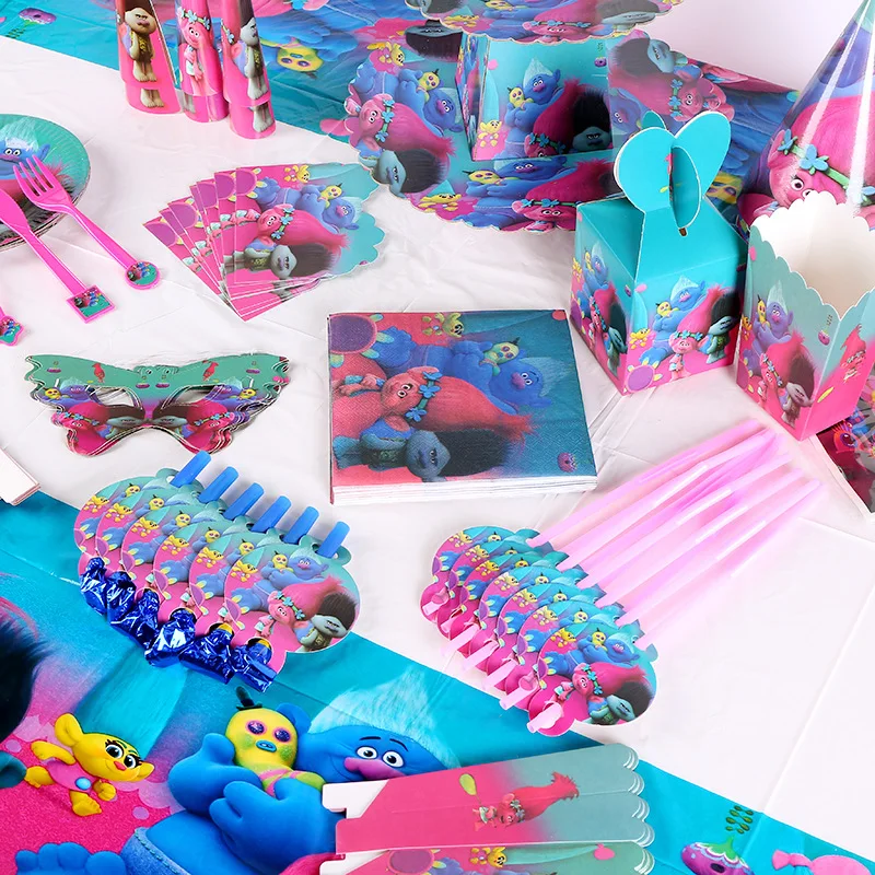 Набор одноразовой посуды с мультяшными троллями для детского дня рождения