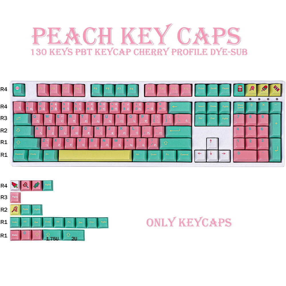 

130 Keys PBT Keycap Cherry Profile DYE-SUB Personalized Peach Keycaps For Mechanical Keyboard 61 64 84 108 Layout
