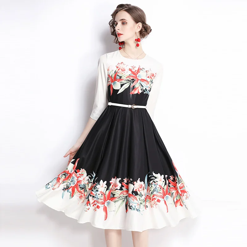 

New Arrival Runway Designer Autumn Floral Dress Office Ladies O Neck 3/4 Sleeve Flower Print Print A Line Evening Dress S68770