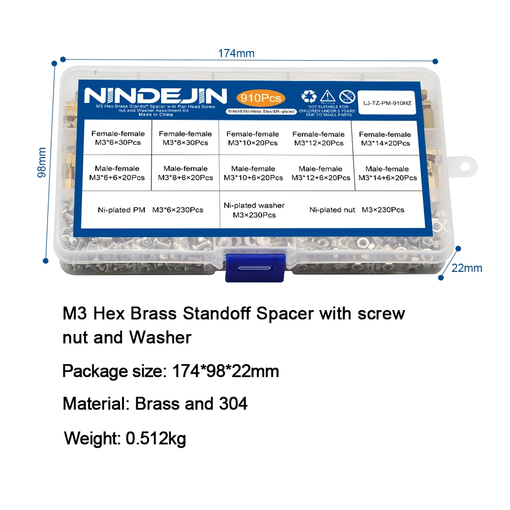 

910pcs/set M3 Male Female Hex Brass Standoff Spacer with Pan Head Screw Nut and Washer Assortment Kit pcb motherboard standoff