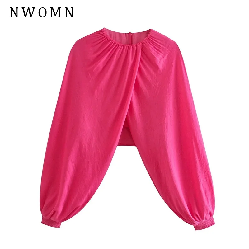 

NWOMN Za Tops 2021 Women Puff Sleeve Top Woman Rose Red Crop Top Female Fashion Pleated High Street Long Sleeve Summer Blouse