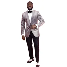 Blazer en velours gris chaud d'hiver avec pantalon noir pour homme, costumes Slim Fit 2 pièces, vêtements de mariage, meilleur marié, dernier ensemble formel masculin  (4)