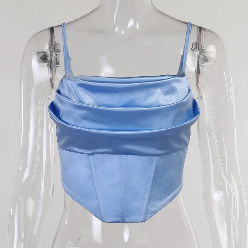

Satin Silk Camis Top Strapless Sleeveless 2021 Summer Sexy Short Crop Top Women Vest Camisole Clothes Blue Party Club Yuqung