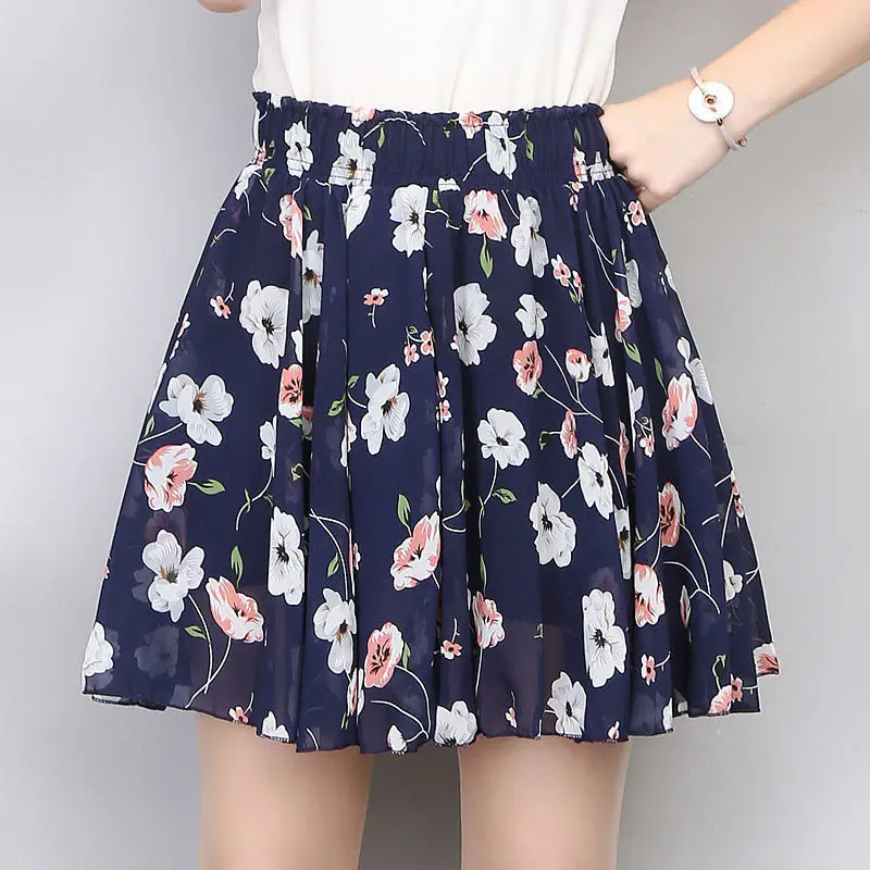 

New versatile anti light Print Chiffon Skirt floral skirt high waist A-line skirt short size dance skirt summer