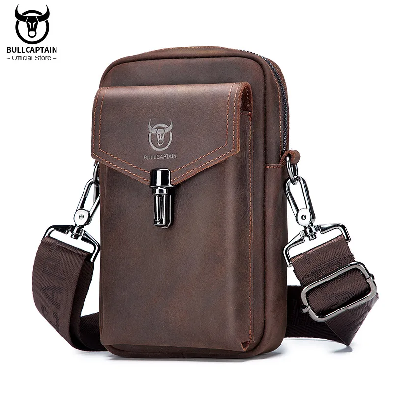 

BULLCAPTAIN Crazy Horse Leather Men's Waist Bags Multifunctional 7-inch Mobile Phone Bag Bag Male Shoulder Messenger Bages Brown