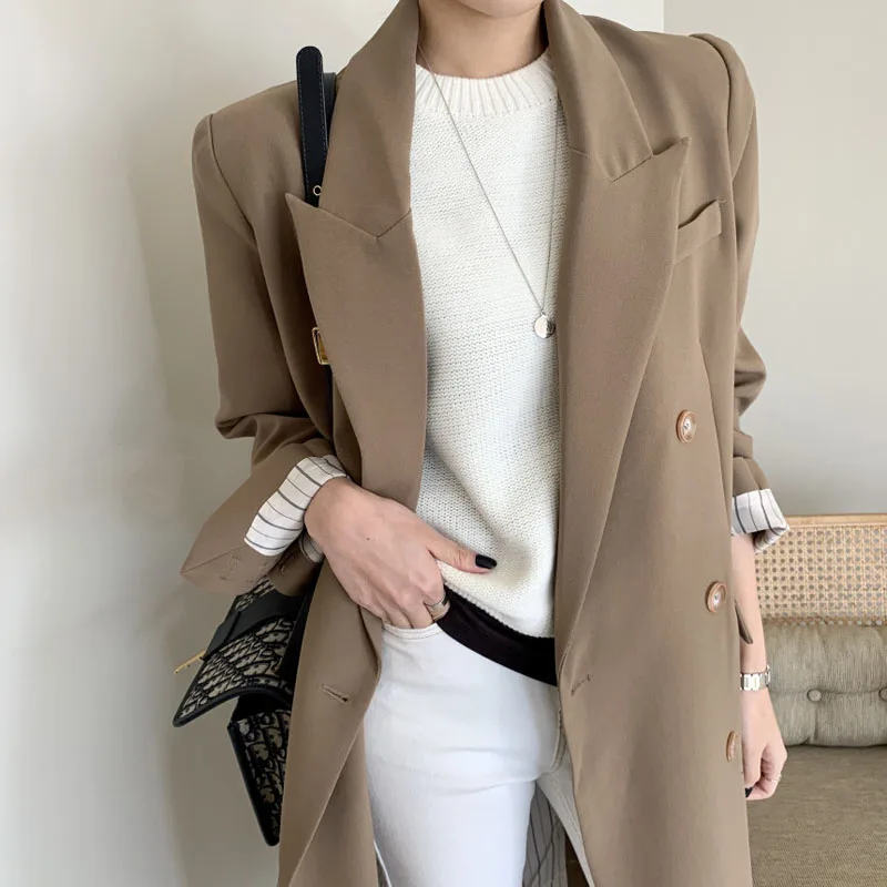 

Office Lady Double Breasted Women Long Blazer Notched Collar Spring Jackets Autumn Female Outerwear Elegant Coat