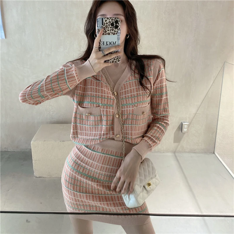 

Striped Knitted Sweater Cardigans + High Waist Pencil Mini Skirts Two Piece Set Sweet Elegant Tracksuit Outfits Office Lady D443