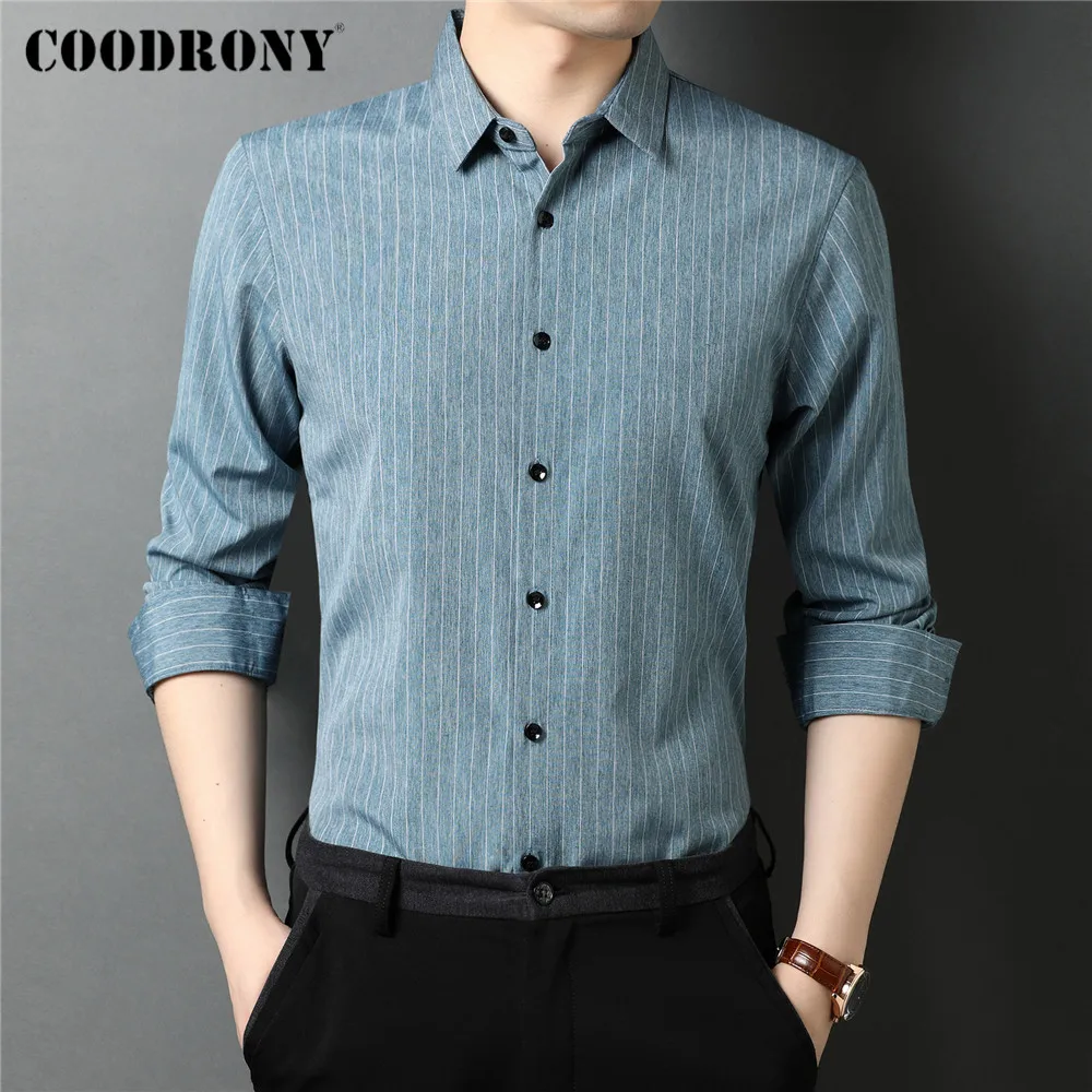 

COODRONY Brand Spring Autumn New Arrival Fashion Striped Social Dress Business Casual Slim Long Sleeve Shirt Men Clothing C6118