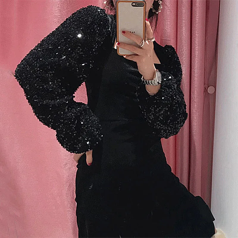 Gagaok Dress Korean Early Spring Niche Handsome Square Neck Sequins Fight Receive Waist Slimming Thin Split Long Velvet Vestidos | Женская