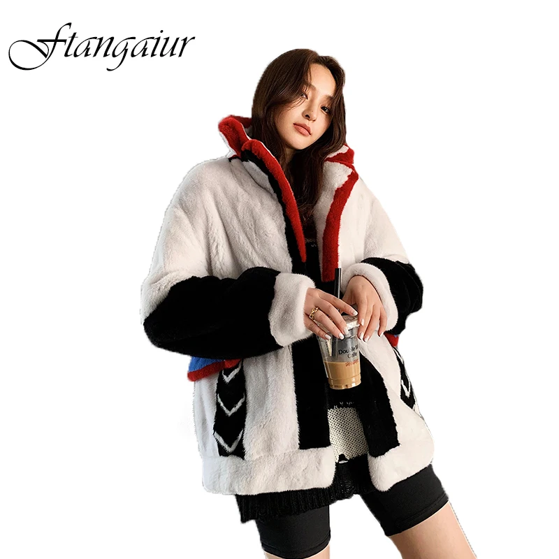 

Ftangaiur New Winter Import Velvet Mink Fur Coat Contrast Color Patchwork Mink Coats Women Loss Medium Real Mink Fur Coats