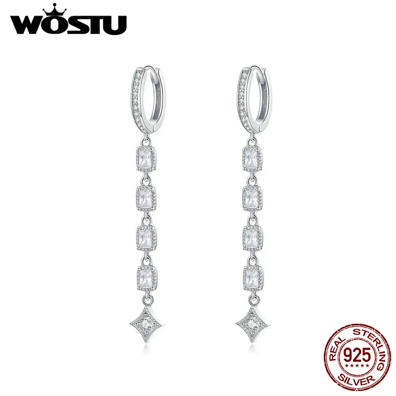 WOSTU 100% Серебро 925 пробы геометрические длинные сережки сверкающий циркон висячие