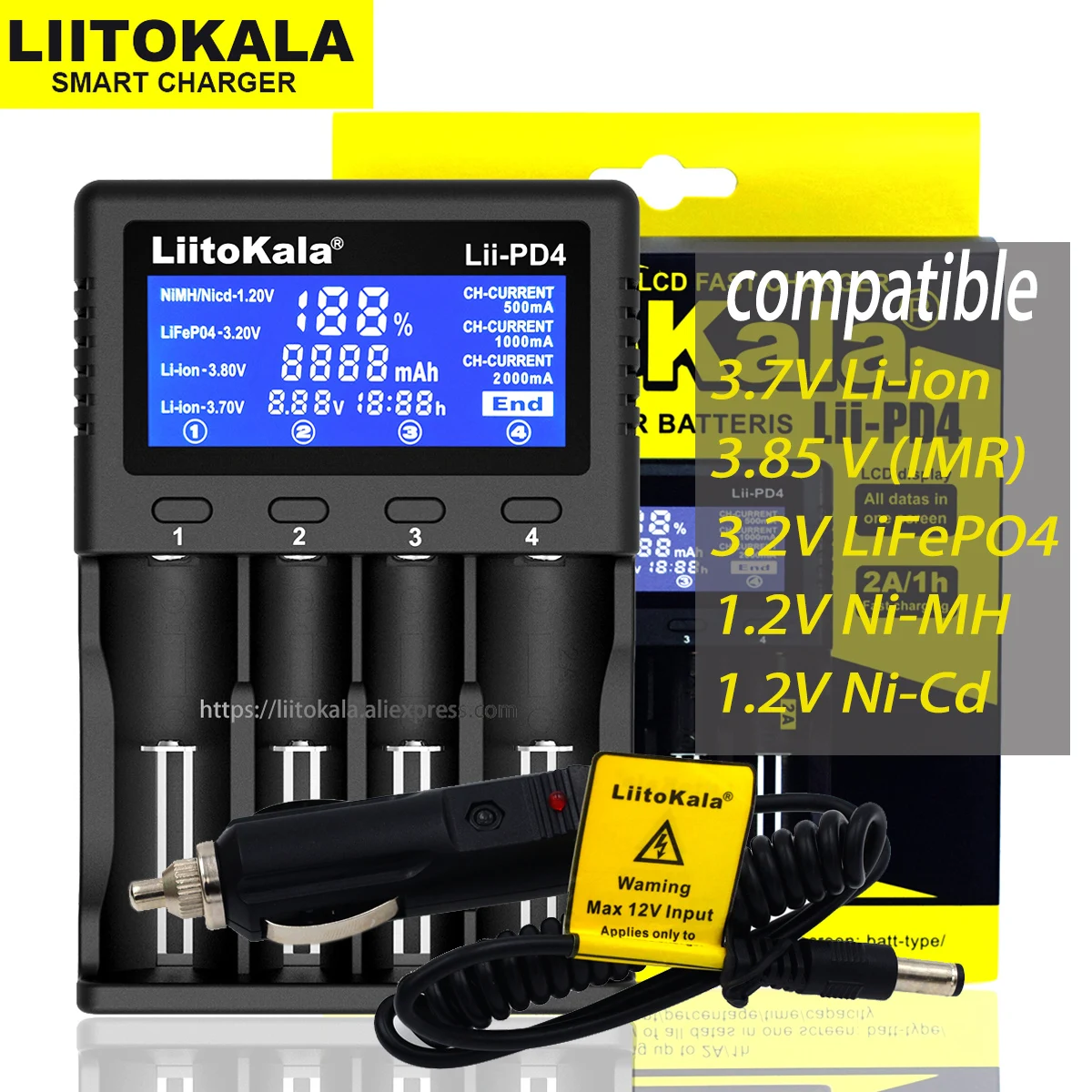 

Liitokala Lii-PD4 PD2 18650 3.7V Li-ion charger 1.2V NiMH battery21700 18350 18500 AAA LiFePO43.2V 3.85V cargador 26650