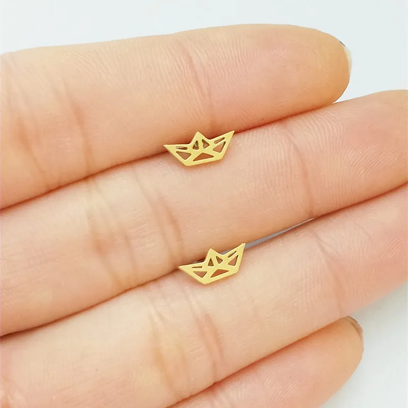 Мини оригами Лодка Серьги гвоздики для женщин нержавеющая сталь серьги