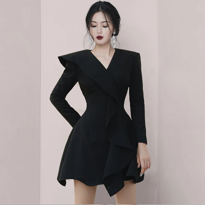 

JSXDHK 2020 Новый взлетно-посадочной полосы осеннее платье для банкета, вечеринки Модные женские оборками бодикон с v-вырезом и длинным рукавом ч...