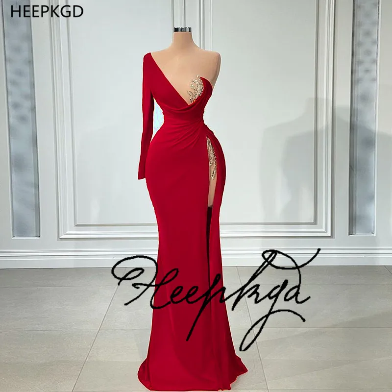 

Красные соблазнительные платья с высоким разрезом для выпускного вечера с юбкой-годе на одно плечо с длинным рукавом в пол Очаровательные п...