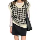 Женский свитер, жилет в клетку гусиная лапка с V-образным вырезом, Осенний пуловер, Свободный жилет без рукавов