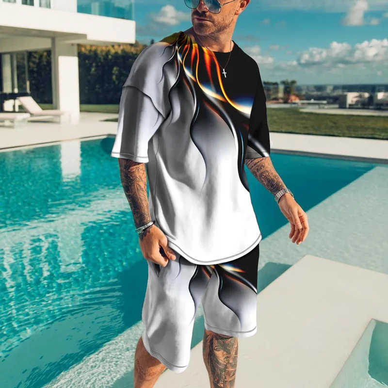 

Men's Sets Color Variety Gradient Printed 2021 Fashion Summer Male Casual Suit Simple T-shirt Short Sleeve+Shorts With Pockets