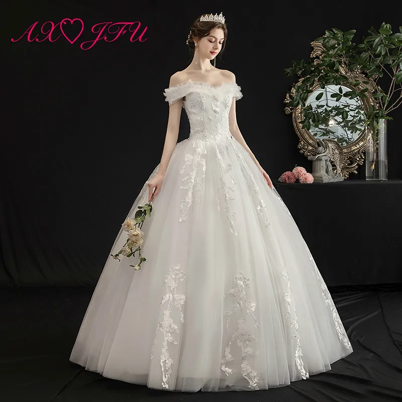 

AXJFU princess white lace wedding dress party vintage boat neck ruffles beading crystal rose flower sparkly white wedding dress