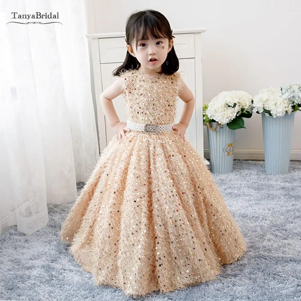Cute Ball Gown Flower Girls Dresses for Party and Wedding Champagne Gold Bling Sequins Long Formal Gowns Baby Girl XF044 | Свадьбы и