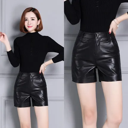 Top brand Sheepskin 2020 New High Waist Slim Wide Leather Shorts KS52  high quality