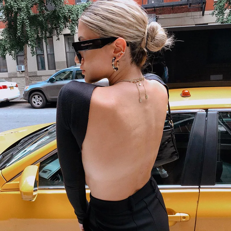 Artsu сексуальный черный укороченный Топ с длинным рукавом открытой спиной
