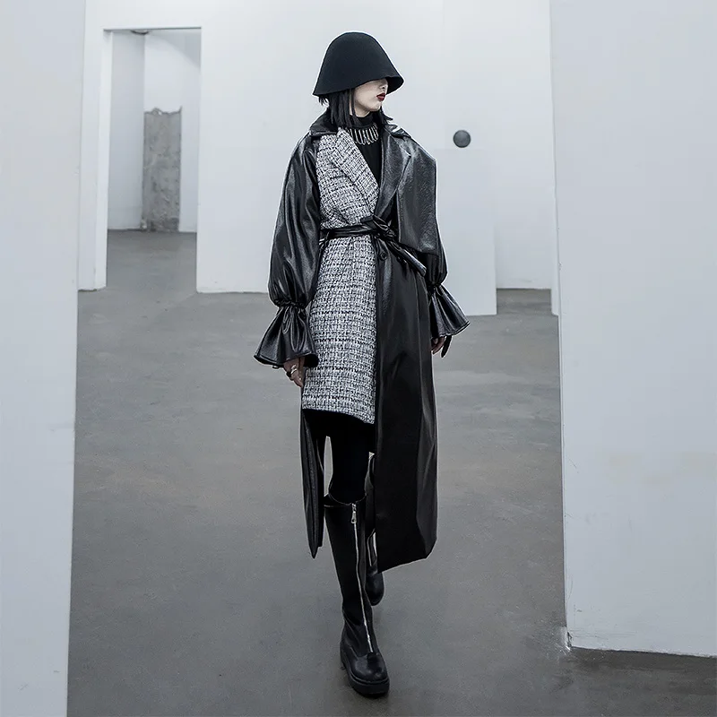 Женское твидовое пальто CHEERART длинное лоскутное из искусственной кожи и шерсти