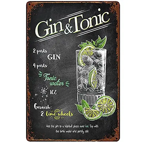 

Free Pintree Original Vintage Design Gin & Tonic Cocktail Recipe Tin Metal Signs Wall Art | Thick Tinplate Print Poster Wall