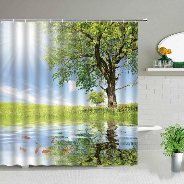 Ambesonne Landscape Shower Curtain, Fishing Pier by River in The Morning Clouds and Trees Nature Image, Cloth Fabric Bathroom Decor Set with Hooks