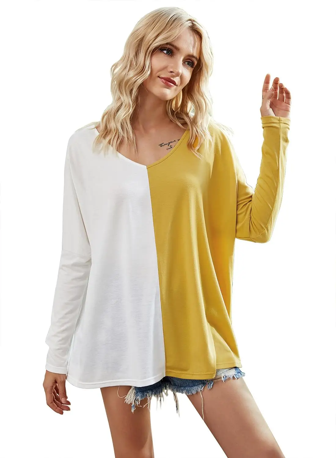 

Fashion Women T Shirt Double Color Casual Wear Clothes Pullover Long Sleeve Patchwork Tops Simple Clothing Elastic All-match