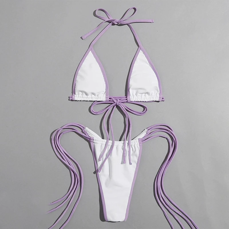 Синий комплект бикини с боковыми завязками и кисточками стринги в стиле ретро