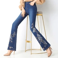 wide leg jeans women denim long flare jeans embroidery high waist lady elegant slim capris ethnic style trousers stylish pants