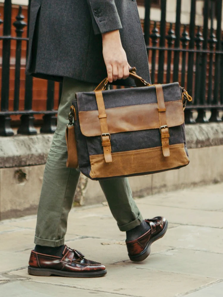 Retro waterproof oil wax canvas handbag men's shoulder bag leather briefcase multifunctional flip crossbody bag