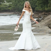 simple satin wedding dresses for women mermaid 2021 off the shoulder button beach bride dress bridal gownsvestido de noiva
