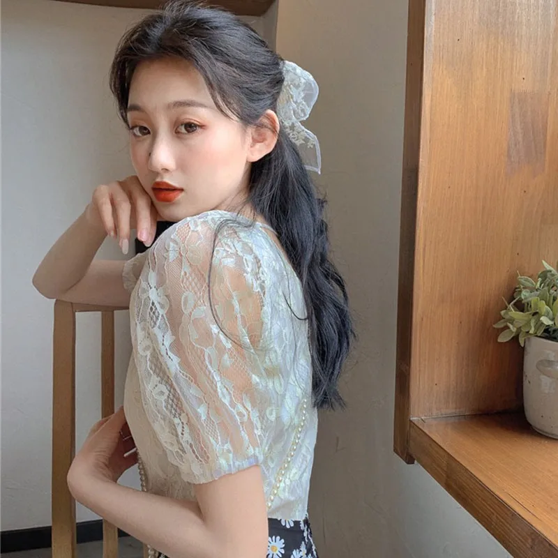 

Korean Fashion Solid Color Square Neck Short Sleeve Blouses Female Lace Fairy Shirt Tops Women's Chiffon Blouse