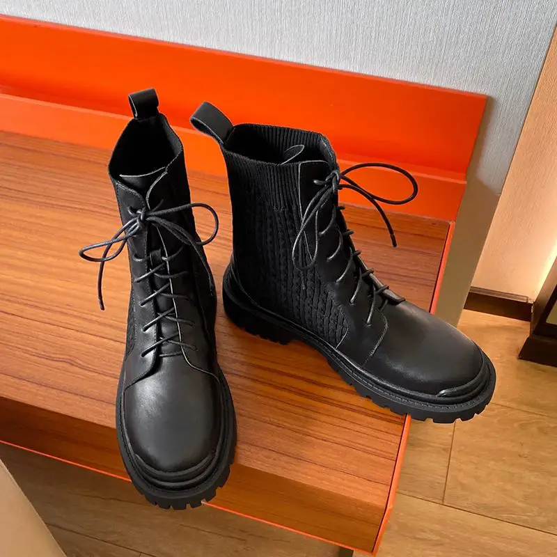 Jual Sepatu Bot Chelsea Ujung Bulat Kulit Sapi Panci Krazing Tambalan Berenda Sepatu Bot Pergelangan Kaki Melar Musim Dingin Hak Sedang Eropa Penyanyi Rock Kerja L67