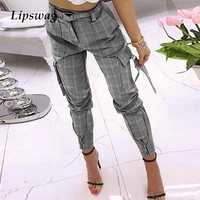 5xl office lady casual plaid print long pants 2021 spring women high waist trousers summer fashion zipper cargo pants streetwear