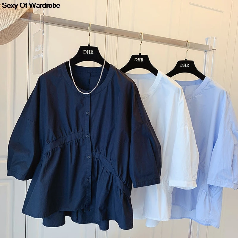 

2021 summer Women new pure cotton design Korean loose asymmetric pleated splicing baby shirt casual blouses
