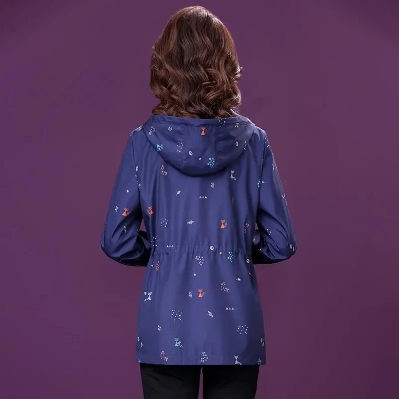 

Autumn Women Trench Coat New Fashion Printed Hooded Outerwear Middle-aged Female Windbreakers Plus Size 5XL Basic Casual Tops