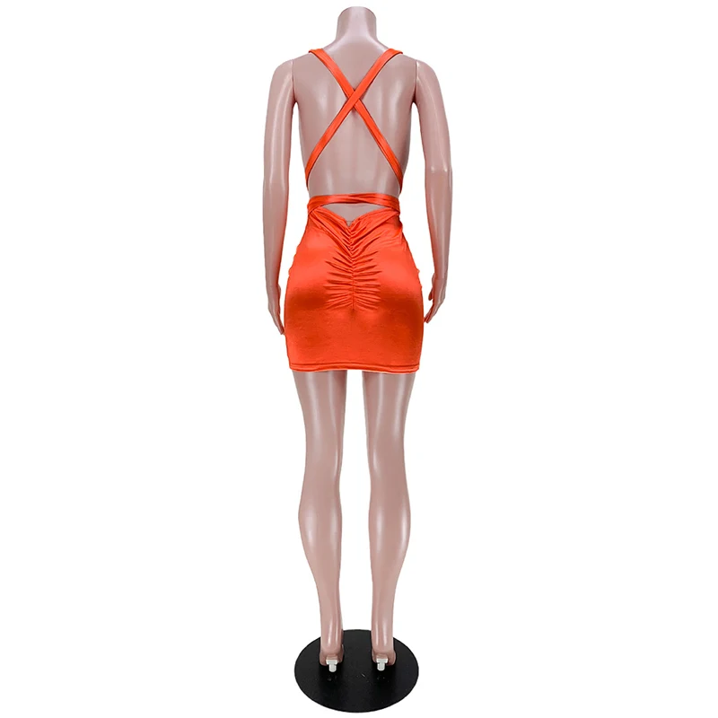

Kricesseen Sexy Orange Halter Backless Mini Dress Summer Womens Sleeveless Folds Bodycon Party Club Dresses Birthday Outfits